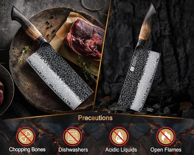 XINZUO 7.3 Inch Vegetable Cleaver Knife,10Cr15Comov Steel Core Forged Damascus Steel,Sharp Slicing Knife For Home Kitchen And Restaurant,Ergonomic White Oak + Red G10 Gasket Handle