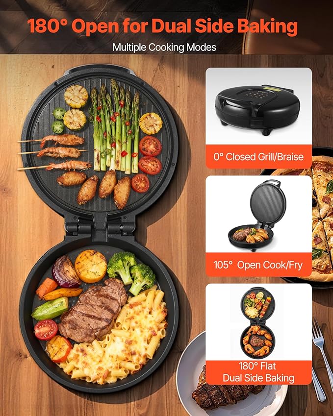 VEVOR Pizza Oven, 12 in Electric Pizza Maker, 1200W Electric Pizzas Cooker with Non-Stick Coating, 180° Open for Dual Side Baking, Heats up to 410 ˚F, Multi-Function Cooking, for Pizzas, Barbecue