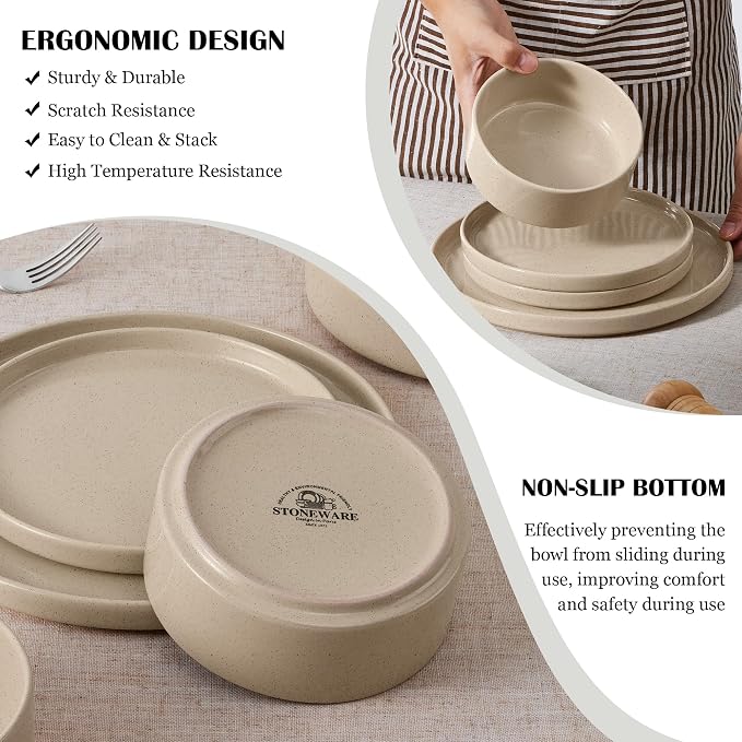 E-far Stoneware Dinnerware Sets, 12-Piece Plates and Bowls Dish Set for 4, Kitchen Modern Dinning Ware, Chip and Scratch Resistant, Microwave & Dishwasher Safe, Speckled Khaki