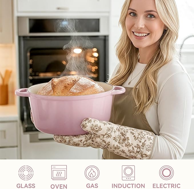 6 Quart Dutch Oven Pot with Lid, Non Stick Enameled Cast Iron Dutch Oven for Bread Baking, Heavy-Duty, Oven Safe Ceramic Cookware Up to 500°F for Baking, Braising, Stews, Roasting, Pink