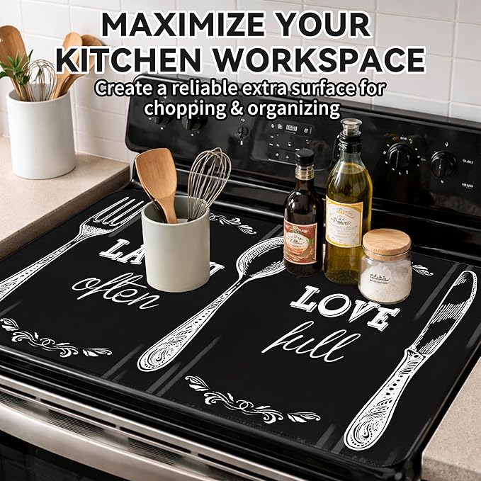 Decorative Stove Top Covers for Electric Stove 28"x20" – Heat Resistant Glass Cooktop Protector Dish Drying Mat – Non-Slip Rubber Backing Washer Top Cover Waterproof Extra Counter Space (Kitchen 2)