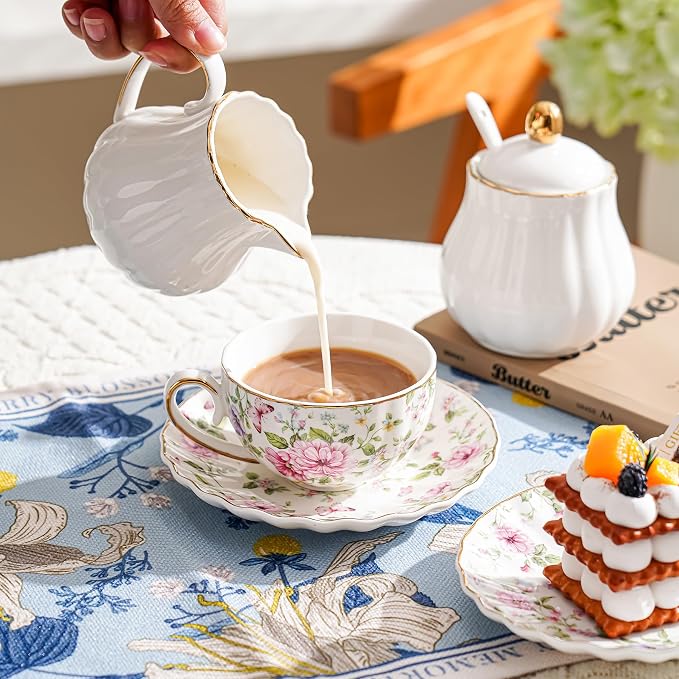Agyiuns Tea Cup and Saucers, 6.4oz Floral Tea Cups with Gold Trim, Coffee Cappuccino Espresso Latte Mugs for Party Birthday,Christmas Gift (Pink and purple flowers)