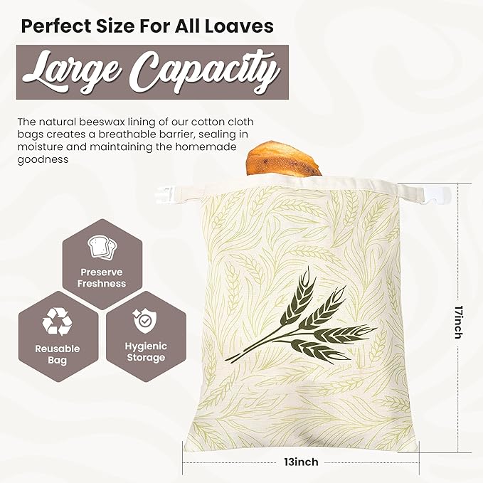 Bread Bags – 13 x 17in Cotton Beeswax Bread Bag – Reusable Bakery Bags for Sourdough, Homemade Baked Goods, Pastries Storage – Large Size 2-Pack
