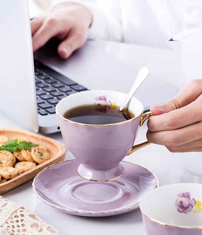 Jusalpha® Porcelain Tea Cup and Saucer Coffee Cup Set with Saucer and Spoon Set of 6 (FD-TCS02 purple (6), 7oz)