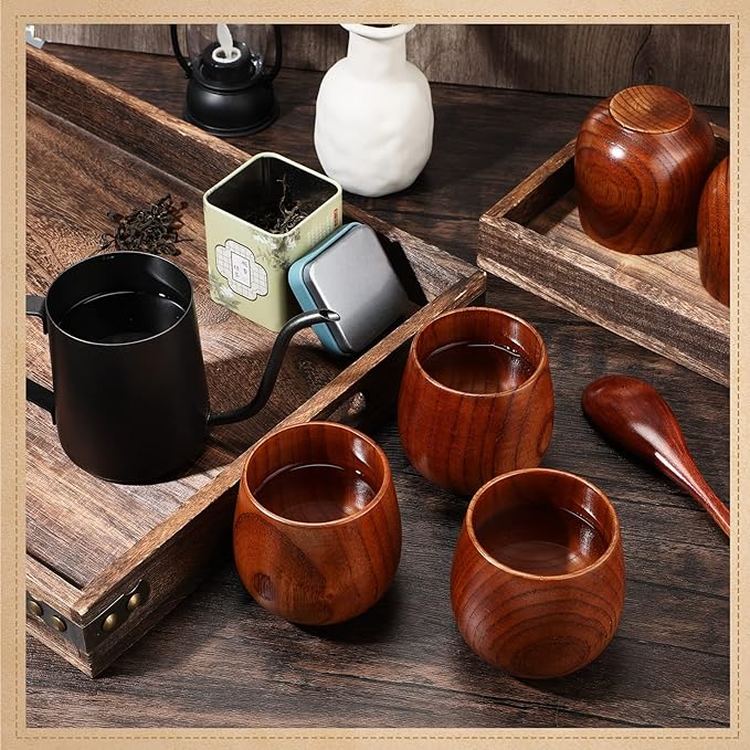 Gerrii 10 Pieces Wooden Tea Cup Wood Coffee Mug Water Japanese Solid Drinking Teacup Glass for Wine, Beer, Milk, Hot Drinks, 6 oz