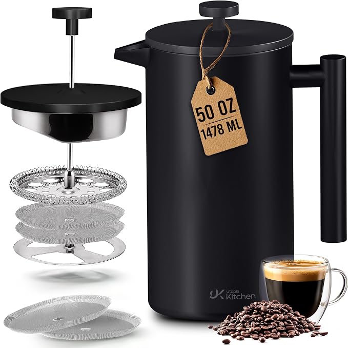 Utopia Kitchen 304 Grade Stainless Steel French Press Coffee Maker 50 Oz, Double Wall Insulated Coffee Press with 4-Level Filtration system, Include 2 Extra Filters, Rust-Free, Black