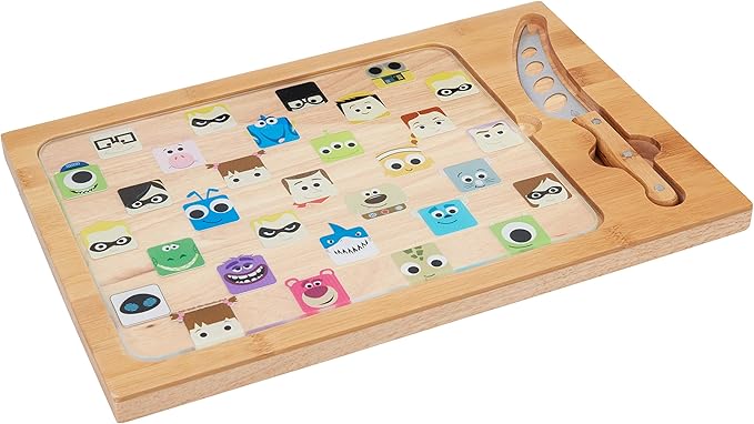 PICNIC TIME Disney Pixar Collection Icon Glass Top Cheese Board and Knife Set, Charcuterie Serving Tray, Removable Tempered Glass, Parawood and Bamboo Design, (Parawood & Bamboo)