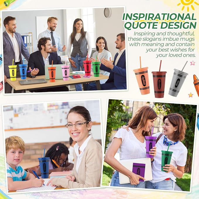 Feifeiya 72 Pcs/24 Set Color the World Gift Bulk 24 oz Rainbow Crayon Themed Tumblers with Lids and Straws Motivational Pens Inspirational Notepads Stationery Set Plastic Cups