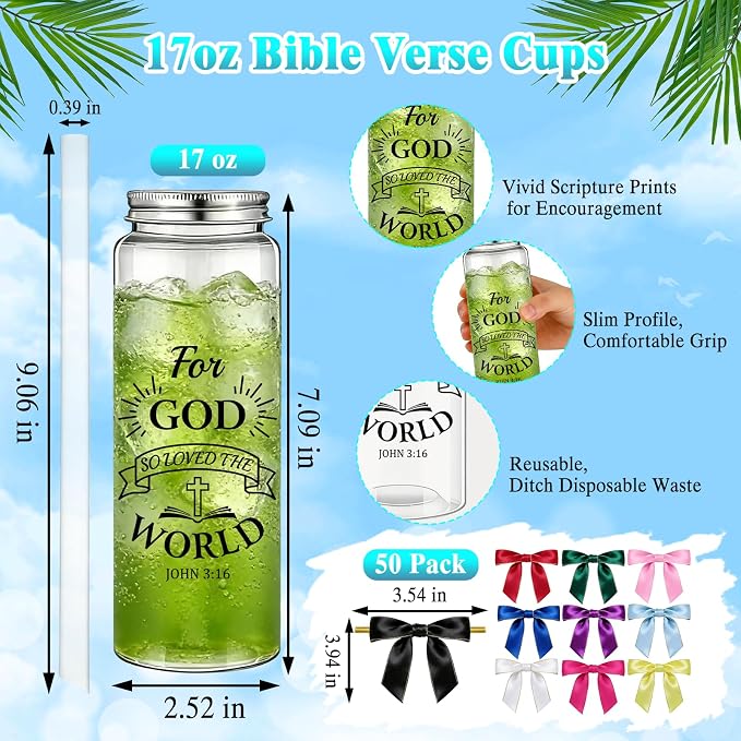 50 Pack Christian Gifts for Women Bulk, 17oz Bible Verse Plastic Cups with Lids, Straws and Satin Bows, Religious Inspirational Tumblers for Mom/Teacher, Church Baptism VBS Party Favors