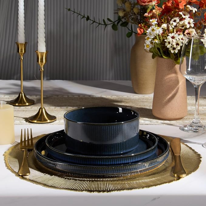 E-far 12-Piece Plates and Bowls Sets, Stoneware Dinnerware Dishes Sets for 4, Kitchen Modern Dining Dishware, Chip & Scratch Resistant, Microwave & Dishwasher Safe, Midnight Blue