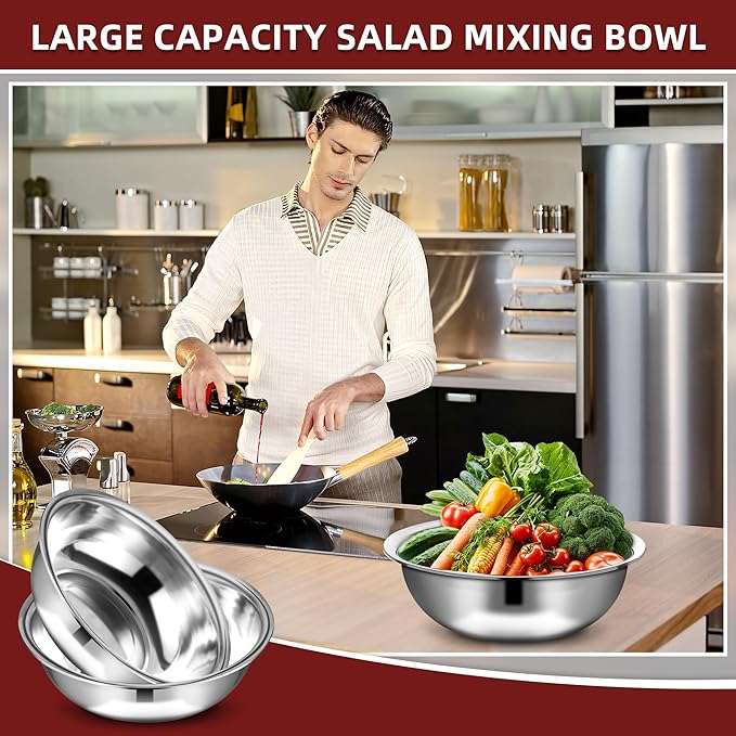 10 Pcs Stainless Steel Mixing Bowls Metal Mixing Bowls Extra Large Basin Salad Bowl with Deeper Edge, Dishwasher Safe, Mirror Finish for Home and Commercial, Silver (13 Inch 7 Qt)