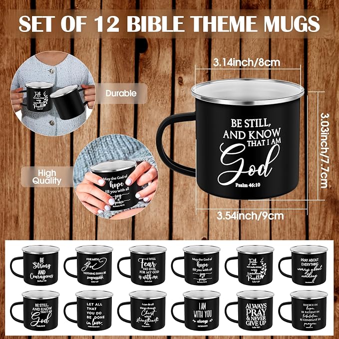 Mifoci Christian Enamel Mugs Gifts Inspirational Coffee Mugs with Handle Bible Verse Religious Camping Cups Church Party Favors for Church Clergy Pastor Men(Black,12 Pcs)