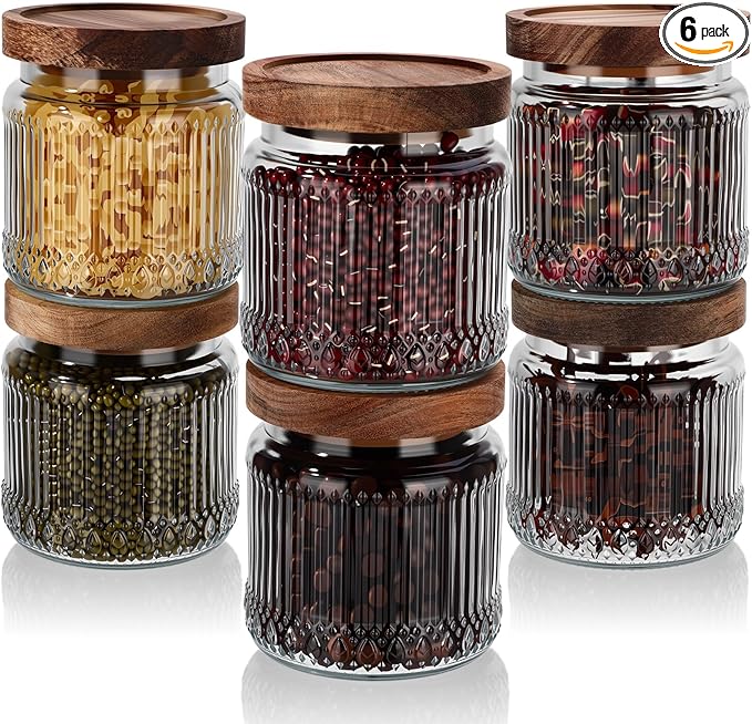 6 Pcs 500ml/17 oz Vintage Glass Storage Jar Glass Containers with Wood Lid Ribbed Pattern Airtight Kitchen Spice Containers for Pantry, Coffee Bean, Grains, Tea, Sugar, Flour, Candy, Oats