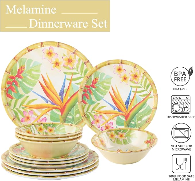 UPware 12 Piece Bird of Paradise Melamine Dinnerware Sets, Outdoor Dishes Set, Plates and Bowls Sets, Service for 4, Multicolor