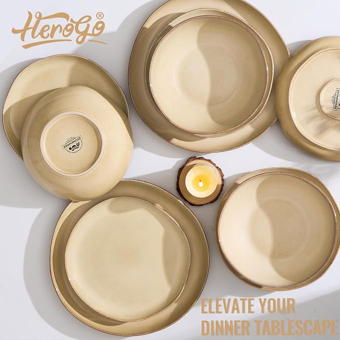 Herogo Dinnerware Sets for 6, 24pcs Stoneware Dinner Dish Set, Irregular Handmade Plates and Bowls Dishware, Crack and Scratch Resistant, Microwave & Dishwasher Safe, Cream Khaki