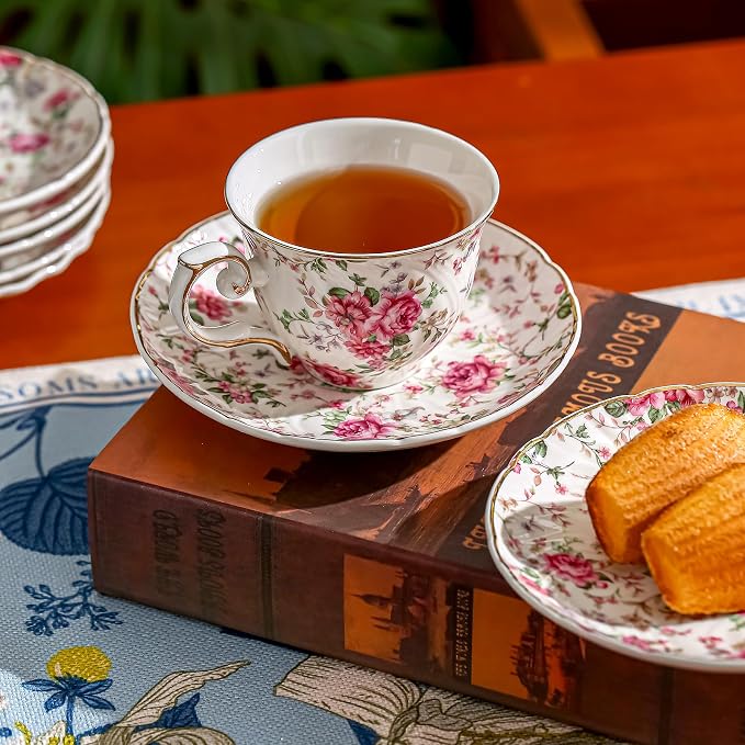 Agyiuns tea cups and saucers ceramic coffee mug 6oz for Coffee, Latte, Cafe Mocha and Tea-Set of 4 (Big flowers-Set of 4)