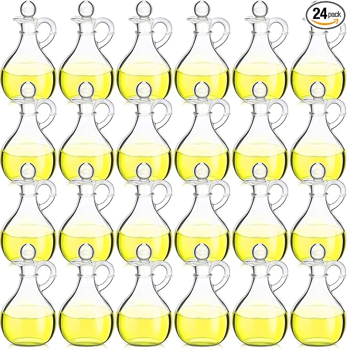 Zopeal 24 Pcs 12 oz Glass Oil Cruets with Stopper Bottle Vinegar Dispenser Small Salad Dressing Container Round Jar Glass Serving Syrup Bottles with Handle for Sauce Water Olive Oil