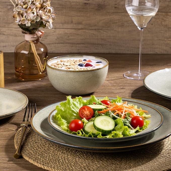 GBHOME 24 Pieces Double Bowls Dinnerware Sets for 6, Stoneware Plates and Bowls Set with Reactive Glaze, Scratch Resistant Stoneware Dishes Set, Dishwasher & Microwave Safe