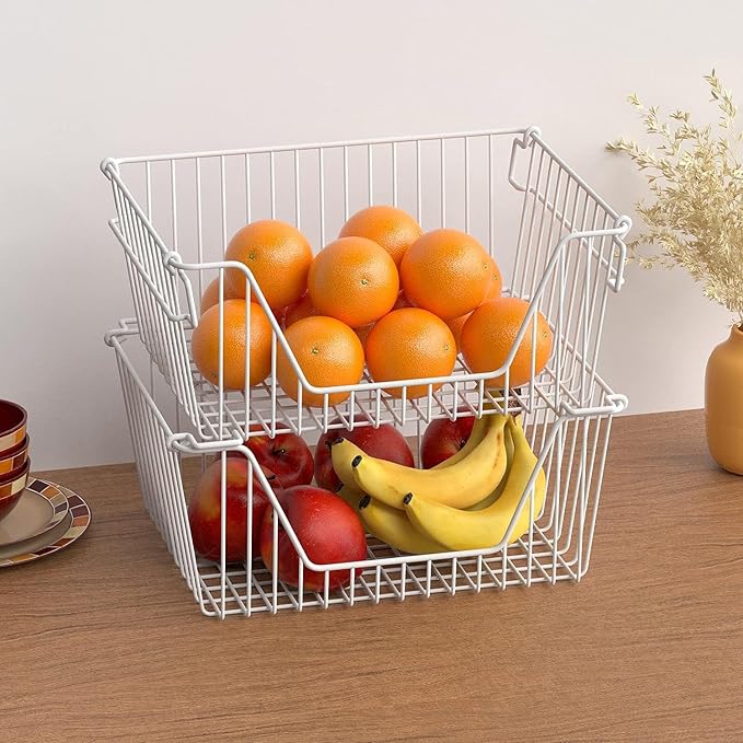 Stackable Wire Metal Baskets Cabinet Organizer Sturdy Metal Wire Pantry Freezer Bin with Handle for Kitchen Fruit Vegetable Organization, White, 3Packs