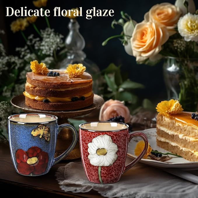 Maxdot 2 Pcs 12oz Ceramic Coffee Mugs Sets Glazing Process Cappuccino Mug Floral Ceramic Tea Cups Idea Gift Set for Women Porcelain Cup for Coffee, Cocoa, Tea, Latte (Retro) (Rustic)