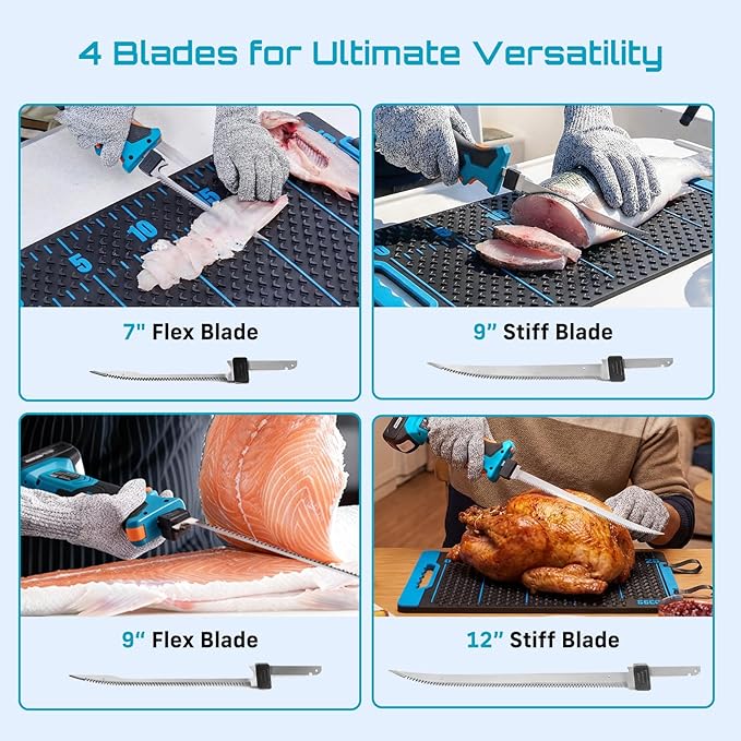 Seesii Cordless Electric Fillet Knife with 4 Blades, 100 Mins High Speed Filet Knife for Fish, Ergonomic Non-Slip Grip, Safty Lock, Carry Bag Kit for Filleting and Meat Slicing