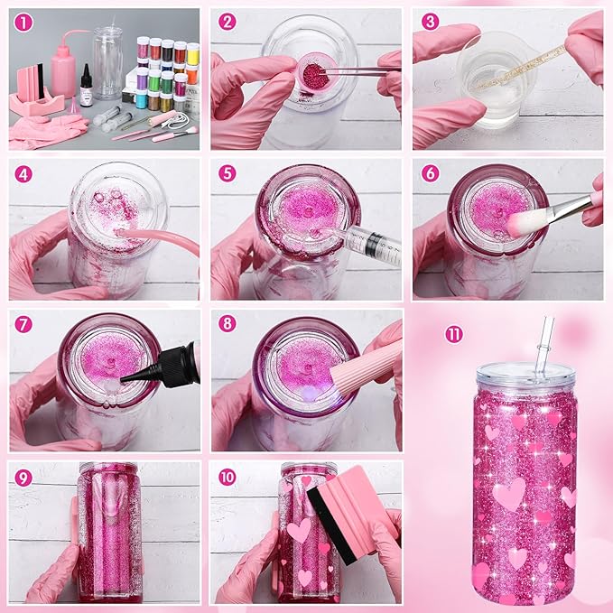 Meanplan 8 Pack DIY Plastic Snow Globe Tumbler Supplies Kit 16oz Pre Drilled Double Wall Cup 20 Colors Glitter Squeeze Bottle Funnel Tweezer Syringe Cradle Measuring Cup Flashlight Buffer Glove