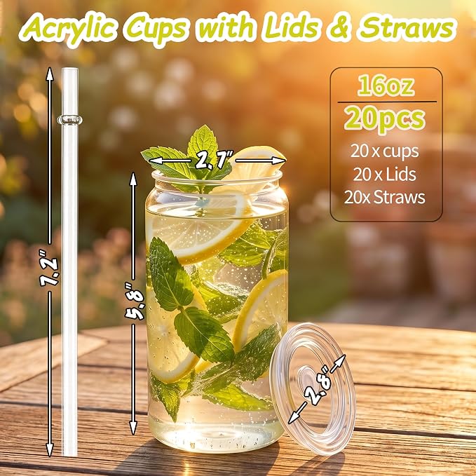20 Pack Clear Acrylic Cups with Lids and Straws, 16 oz Plastic Mason Jars Reusable Iced Coffee Cups Unbreakable Drinking Glasses for Poolside, Party Giveaways, Park Picnic