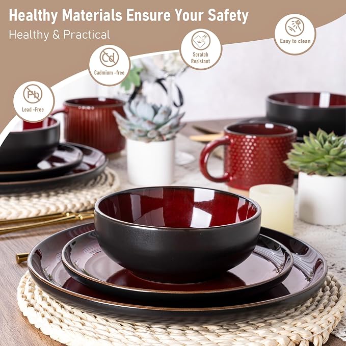 GBHOME Dinnerware Sets for 4, 12 Pieces Stoneware Plates and Bowls Sets, Scratch Resistant Ceramic Dishes, Dishwasher & Microwave Safe, Reactive Glaze-Burgundy