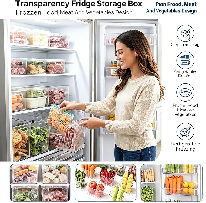 Clear Plastic Freezer Storage Bins, 4 Pack Stackable Refrigerator Organizer Containers with Handles for Meat, Veggies, and Pantry (4PS Small Size*4ps Large)