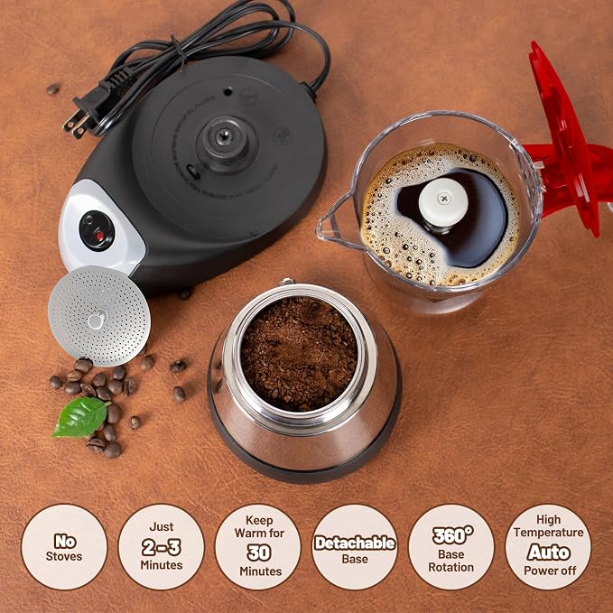 Electric Moka Pot 3-6 Cup 150-300ml Plastic Transparent Stovetop Espresso Maker Portable Stainless Steel Mocha Pot Percolator Italian Coffee Makers Greca Machine Cafe Classic for Home Camping