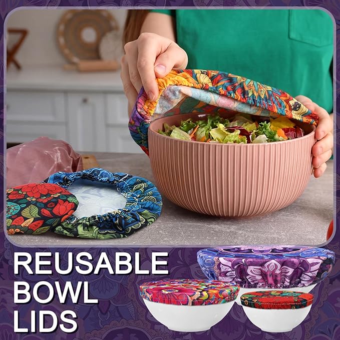 Patelai 10 Pcs Bowl Covers Reusable in 5 Size Stretch Cloth Fabric Elastic Food Storage Bowl Covers Bread Sourdough Lids for Proofing Food Fruits Leftover (Colored,Symmetrical Pattern)