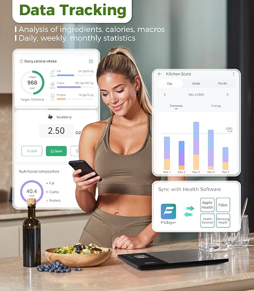 Atogou Smart Food Kitchen Scale with Nutrition Calculator, Color Display & Free App, Precise Portion Control, Calorie & Macro Tracking for Weight Loss & Meal Prep Black