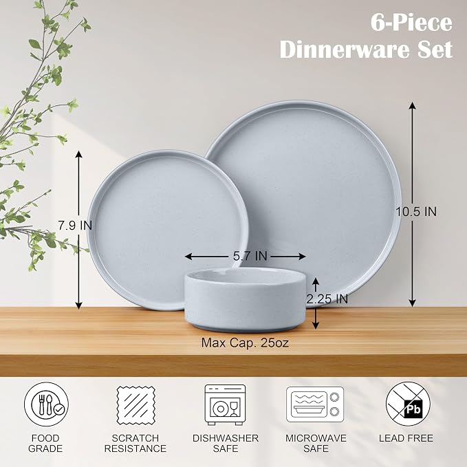 E-far 6-Piece Stoneware Dinnerware Sets, Plates and Bowls Set for 2, Kitchen Modern Dishes Set for Everyday & Formal, Chip and Scratch Resistant, Microwave & Dishwasher Safe, Speckled Gray