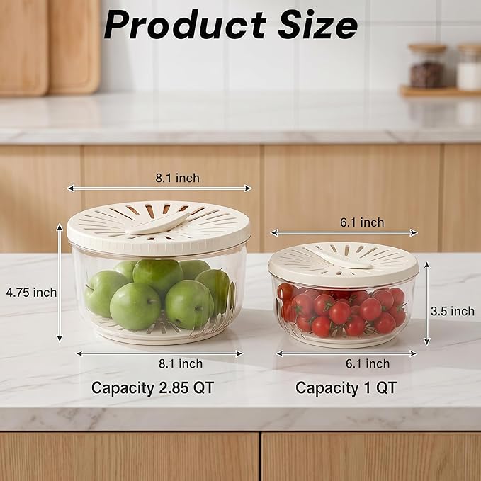 2Pcs Fruit Washing Bowl With Strainer&Lid,(2.85+1QT)2 in 1 Collapsible Handle Draining Basket,Multipurpose Drain Basket Kitchen Draining and Fridge Fruit Strainer,Suitable For Washing Berry Vegetables