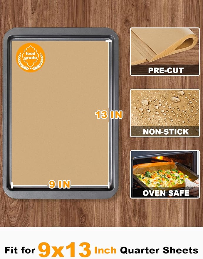 SMARTAKE 200 Pcs Parchment Paper Baking Sheets, 9x13 Inches Non-Stick Precut Baking Parchment, for Baking Grilling Steaming Bread Cup Cake Cookie and More (Unbleached)