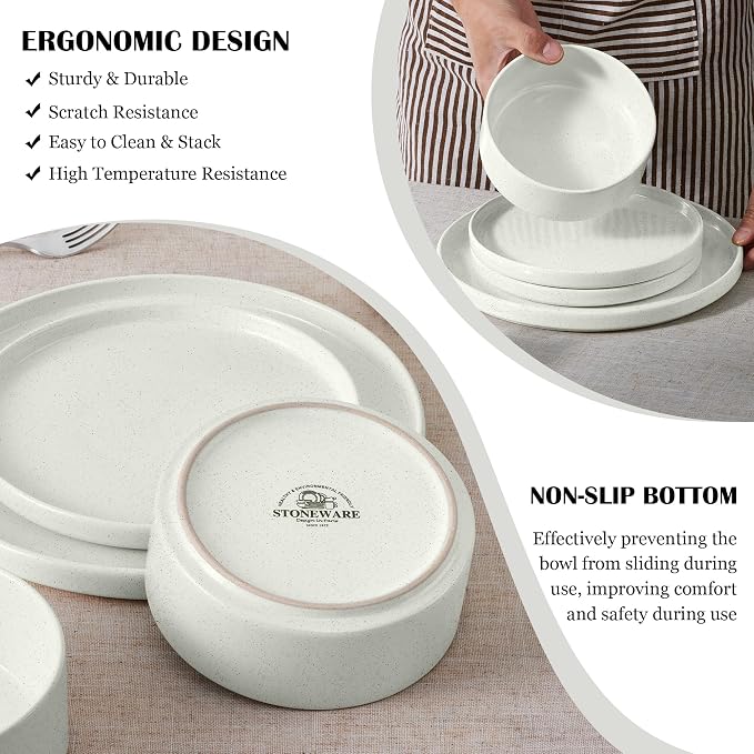 E-far 6-Piece Stoneware Dinnerware Sets, Plates and Bowls Set for 2, Kitchen Modern Dishes Set for Everyday & Formal, Chip and Scratch Resistant, Microwave & Dishwasher Safe, Speckled White