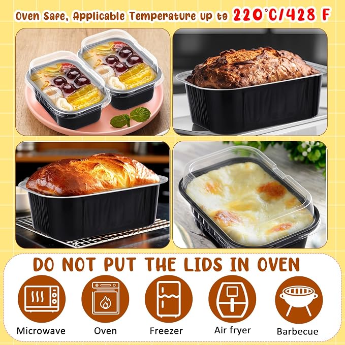Vesici 100 Sets Mini Loaf Pans with Lids, 5.7 oz Disposable Aluminum Foil Baking Cups, Rectangle Cake Pans for Baking Storage Birthday Party(Black Silver)