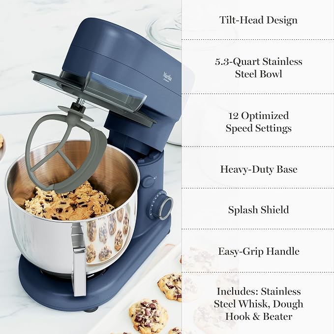 Martha Stewart 5.3Qt Stand Mixer, 12-Speed Tilt-Head Electric Kitchen Mixer with Stainless Steel Bowl, Dough Hook, Whisk & Beater, Splash Guard, Ideal for Baking Bread, Cake & Whipping, Indigo Blue