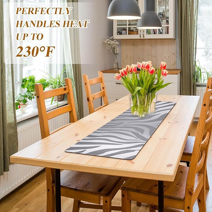2 in 1 Table Runner Trivet for Hot Pots and Pans Heat Resistant Non Slip Waterproof 39 x 12 Inch Decorative Table Protector for Kitchen Countertop Light Silvery Zebra Print