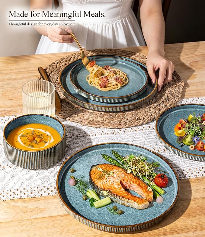 GBHOME 18-Piece Stoneware Dinnerware Set for 6 – Ribbed Ceramic Plates and Bowls, Scratch-Resistant, Microwave & Dishwasher Safe, Reactive Glaze-Space Blue