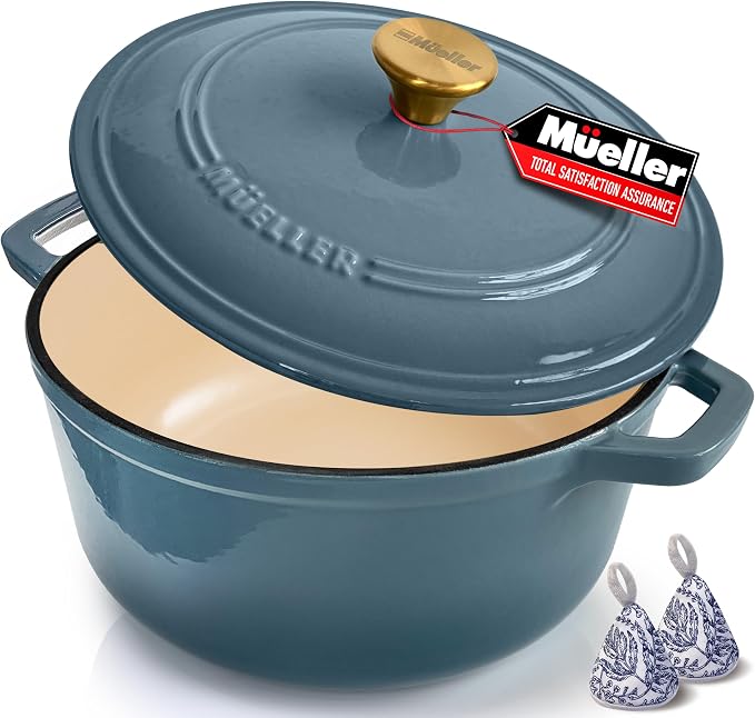 MUELLER HOME 6 Quart Enameled Cast Iron Pot Dutch Oven, Heavy-Duty, Oven-Safe up to 500° F & Across All Cooktops, Bread Pan with Lid & Knob, Cast Iron Cookware, Blue Kitchen Accessories, Mineral Blue