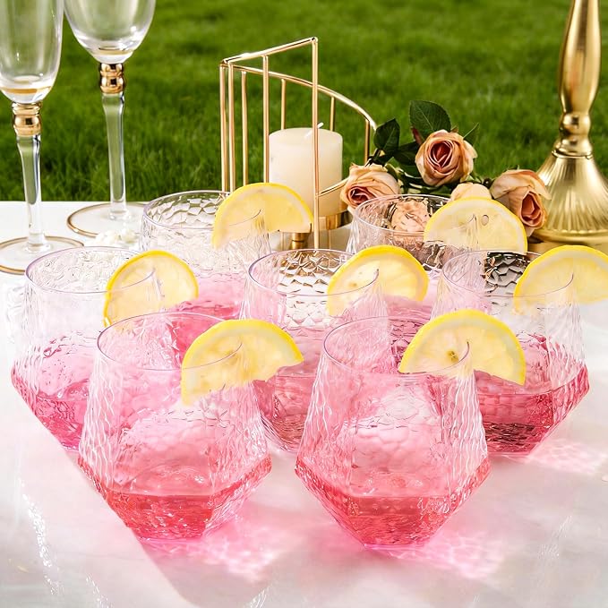 Goodluck 40 PCS Diamond Stemless Plastic Wine Glasses, 12 Oz Disposable Fancy Plastic Cups, Suitable for Weddings, Birthday Parties, Family Gatherings, Bars, etc （Hammered Clear cups）