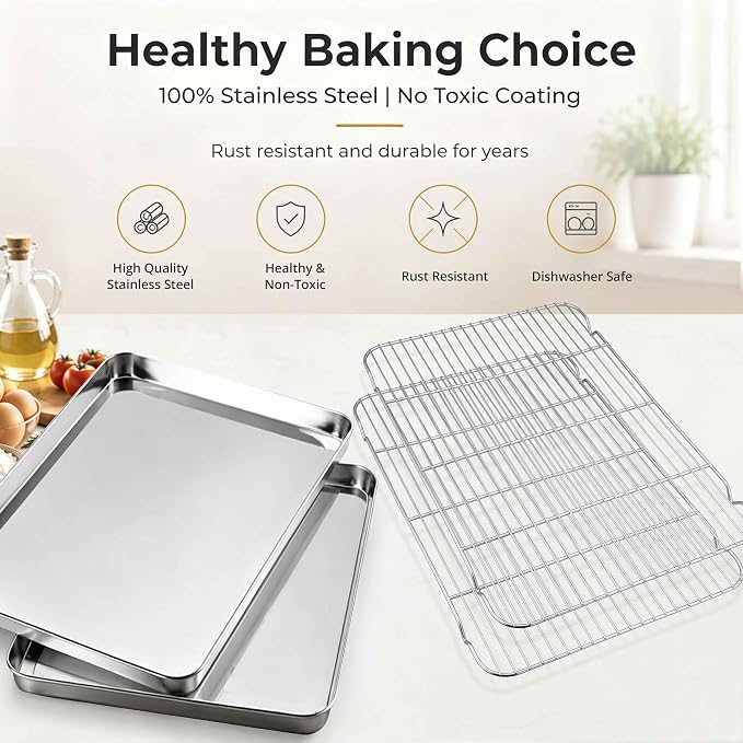 Onader Large Baking Cookie Sheet with Cooling Rack Set, Stainless Steel Baking Sheet Pan, 19⅝ x 13¾ Inch Metal Oven Baking Tray, Nonstick & 1 Inch Deep, 2-Pack (Includes 2 Pans + 2 Racks)