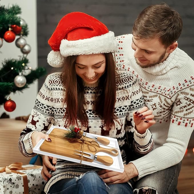 6 Set Christmas Gifts Bridal Shower Favor Bamboo Wooden Square Cheese Board Gift Set Cheese Knives Mini Cutting Board Bulk Set Tags and Boxes Christmas Party Neighbor Xmas Baking Supplies Decoration