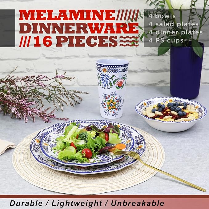 Melamine Dinnerware Set for 4-16 Pcs:Camping Dishes Set with Dinner Plates,Salad Plates,Cups and Bowls.Lightweight and Unbreakable,Indoor and Outdoor Use flower28