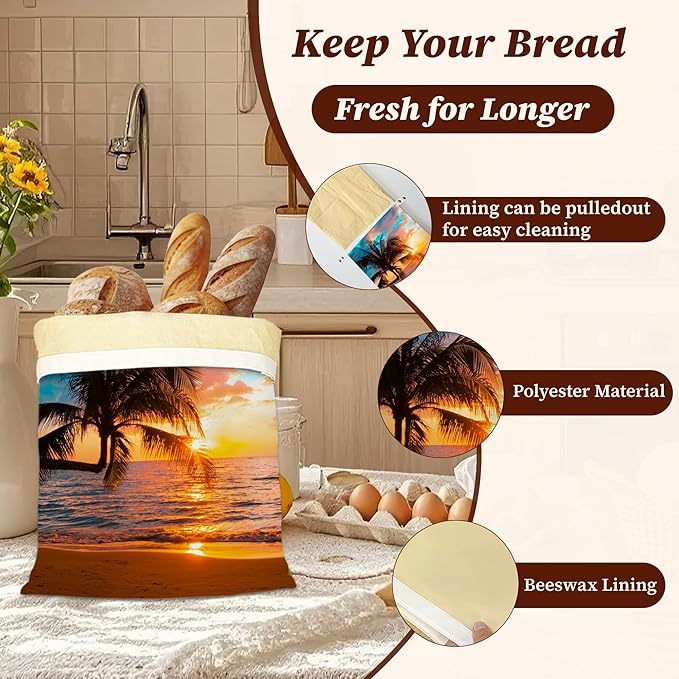 Bread Bags for Homemade Bread, Tropical Palm Sunset Trees Sea Beach 2 Pack Linen and Beeswax Sourdough Storage Bags, Reusable Keeper, Keeps Breads Fresh Longer, Gifts for Bakers