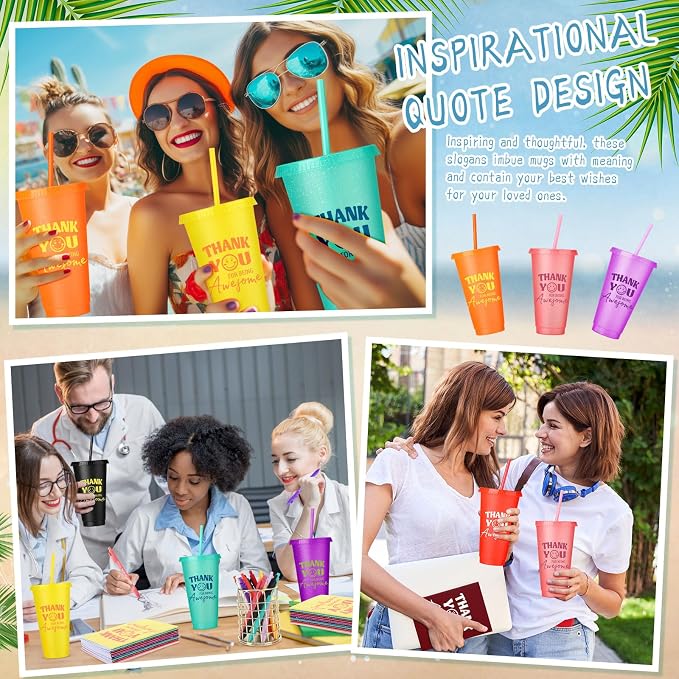 Feifeiya 72 Pcs/ 24 Set Thank You Supplies Bulk 24 oz Staff Coworker Appreciation Tumbler with Lids and Straws Motivational Pens Inspirational Notepads Set Plastic Cups Gift, Thank Cup