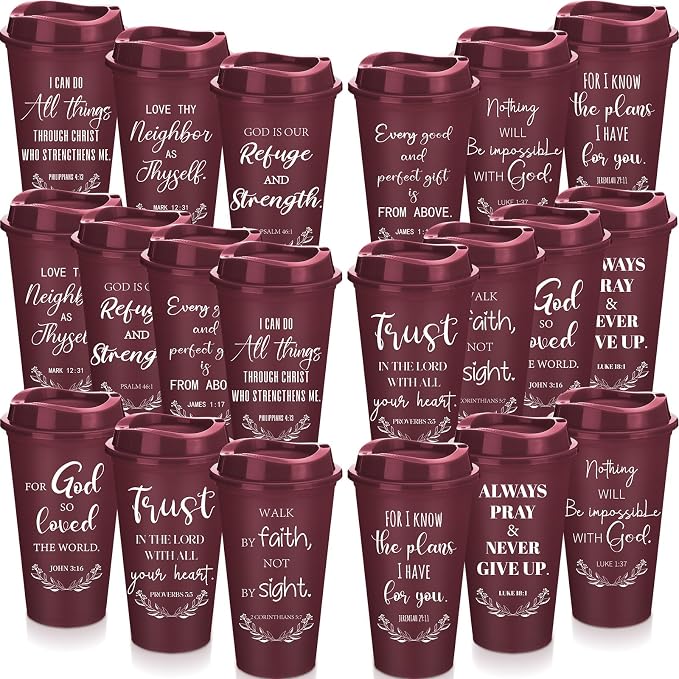 Skylety 40 Pack Bulk Christian Gifts for Men Women 16oz Reusable Bible Verse Tumbler Plastic Coffee Cup with Lid Inspirational Religious Church Gift for Teacher Graduation Party Favor (Burgundy)