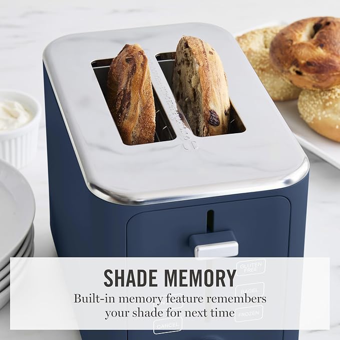 Martha Stewart 2 Slice Toaster, 10 Shade Settings with Defrost, Cancel, Bagel & Gluten-Free, Extra-Wide Self-Centering Slots for Waffles & Artisan Bread, Removable Crumb Tray, Cord Wrap, Indigo Blue