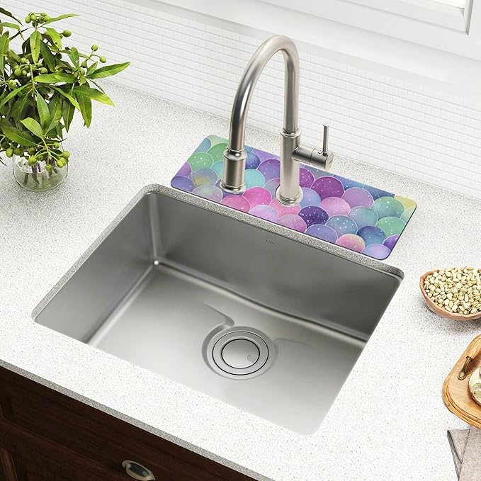Kitchen Sink Splash Guard 2 PCS 14.7 Inch Sink Faucet Mat Splash Guard for Bathroom Countertop Water Absorbent Foldable Cuttable Soft Washable Watercolor Mermaid Scales Colors